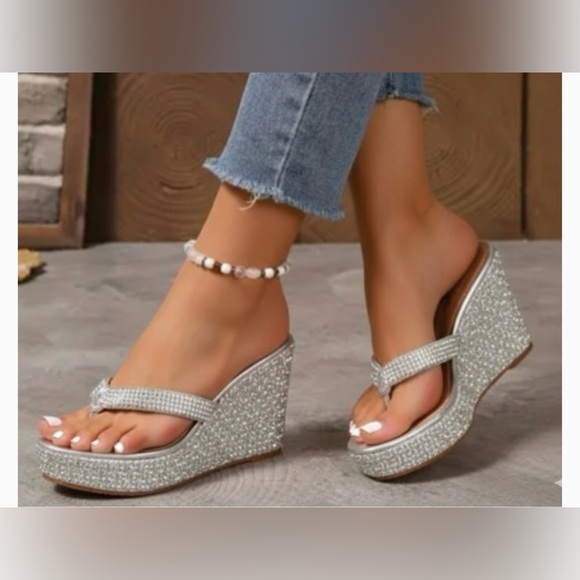 Paloma Barcelo Shoes - Paloma Barcelo Silver Rhinestone Thong Wedge Platform Sandals Euro 38 US Size 8